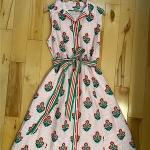 Boden Striped Red and Green Floral Midi Dress